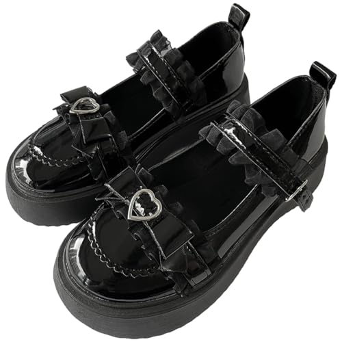 Süße Lolita-Uniform-Party-Kleidschuhe für Damen modische runde Zehenpartie dicker Absatz weiße Spitze Schleifendekoration Mary Jane-Plateauschuhe für Mädchen (Schwarz,35) von Juankrynord