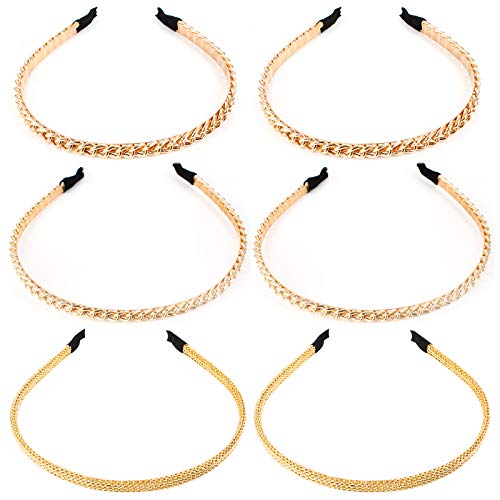 Jubaopen 6 Stück Metall Haarreifen Elastisches Haarband Haarreife Vintage Schmale Haarreif Mädchen Retro Gold Ketten Haarreifen Stirnbänder Anti-Rutsch Zähne (3 Stile) von Jubaopen
