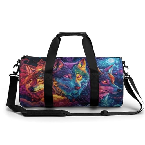3 Magische Wölfe Neon-Farben, Reise-Turnbeutel für Damen und Herren, zylindrische Reisetasche, Sporttasche, Workout-Tasche mit Schultergurt 3 Magische Wölfe Neon-Farben, Reise-Turnbeutel für Damen und Herren, zylindrische Reisetasche, Sporttasche, Workout-Tasche mit Schultergurt von Jubonexis