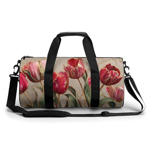 3D abstrakte Tulpen mit goldenen Adern, Reise-Turnbeutel für Damen und Herren, zylindrische Reisetasche, Sporttasche, Workout-Tasche mit Schultergurt 3D abstrakte Tulpen mit goldenen Adern, Reise-Turnbeutel für Damen und Herren, zylindrische Reisetasche, Sporttasche, Workout-Tasche mit Schultergurt von Jubonexis