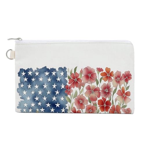 Canvas-Geldbörse, Amerika-Flagge mit Wildblumenmuster, Münzgeldbörse, Reißverschluss, kleine Kosmetiktasche von Jubonexis