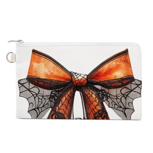 Canvas-Geldbörse, Halloween, orangefarbene Schleife, Spinnennetz-Spitze, Münzgeldbörse, Reißverschluss, Kleingeldtasche, kleine Kosmetiktasche Canvas-Geldbörse, Halloween, orangefarbene Schleife, Spinnennetz-Spitze, Münzgeldbörse, Reißverschluss, Kleingeldtasche, kleine Kosmetiktasche von Jubonexis