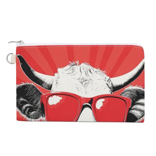 Canvas-Geldbörse, Kuh mit roter Sonnenbrille, Münzgeldbörse, Reißverschluss, kleine Kosmetiktasche von Jubonexis
