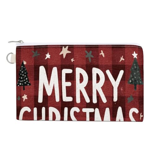 Canvas-Geldbörse, Tannenbäume, Schneemänner, Frohe Weihnachten, Münzgeldbörse, Reißverschluss, kleine Kosmetiktasche von Jubonexis
