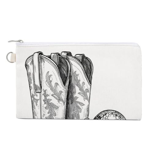 Canvas-Geldbörse, Vintage-Cowgirl-Stiefel mit Discokugel-Druck, Münzgeldbörse, Reißverschluss, kleine Kosmetiktasche Canvas-Geldbörse, Vintage-Cowgirl-Stiefel mit Discokugel-Druck, Münzgeldbörse, Reißverschluss, kleine Kosmetiktasche von Jubonexis