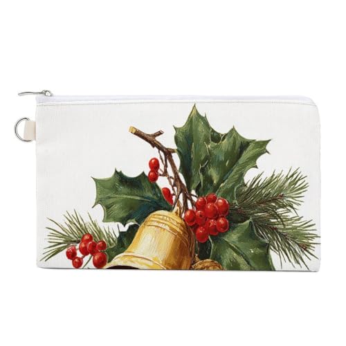 Canvas-Geldbörse, Weihnachten, goldene Glocken, immergrüner Baumdruck, Münzgeldbörse, Reißverschluss, kleine Kosmetiktasche von Jubonexis