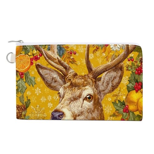 Canvas-Geldbörse, Weihnachts-Hirsch mit Schal auf goldenem Druck, Münzgeldbörse, Reißverschluss, kleine Kosmetiktasche von Jubonexis
