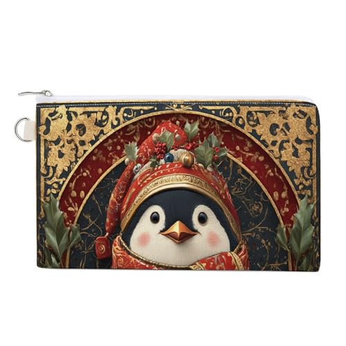 Canvas-Geldbörse, Weihnachts-Pinguin mit Stechpalmenblättern, Münzgeldbörse, Reißverschluss, kleine Kosmetiktasche von Jubonexis