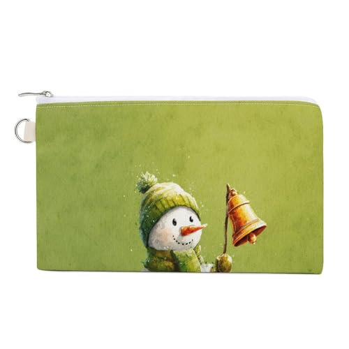 Canvas-Geldbörse, Weihnachts-Schneemann mit Glocken-Druck, Münzgeldbörse, Reißverschluss, kleine Kosmetiktasche von Jubonexis