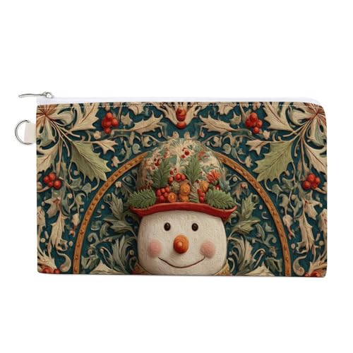 Canvas-Geldbörse, Weihnachts-Schneemann mit Stechpalmenblättern, Münzgeldbörse, Reißverschluss, kleine Kosmetiktasche von Jubonexis
