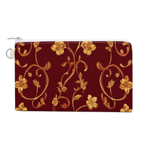 Canvas-Geldbörse, goldene Blume, wirbelnde Rebe auf rotem Druck, Münzgeldbörse, Reißverschluss, kleine Kosmetiktasche von Jubonexis