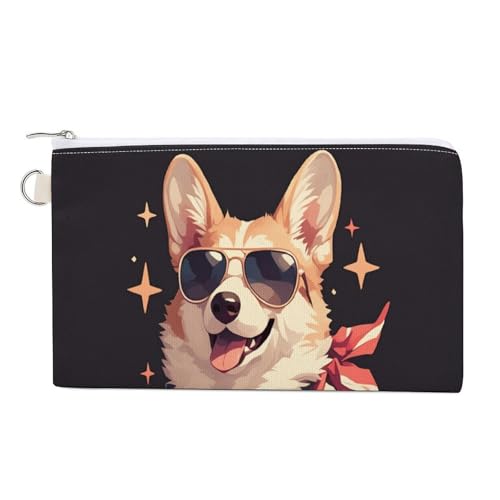 Canvas-Geldbörse, niedlicher Corgi mit Sonnenbrille, Münzgeldbörse, Reißverschluss, kleine Kosmetiktasche von Jubonexis