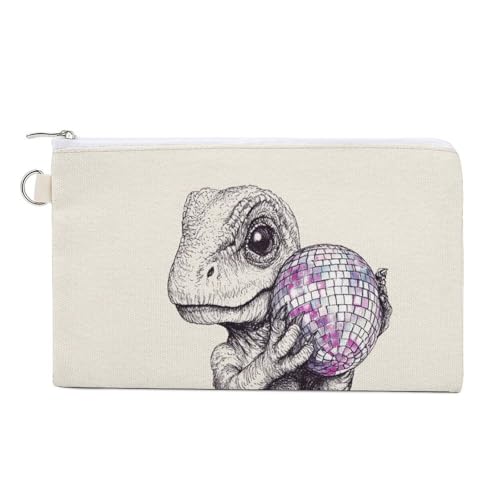 Canvas-Geldbörse, niedlicher Dinosaurier, der Discokugel hält, einfacher Druck, Münzgeldbörse, Reißverschluss, kleine Kosmetiktasche von Jubonexis