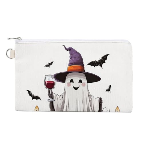 Canvas-Geldbörse, niedlicher Geist mit Weinglas-Druck, Münzgeldbörse, Reißverschluss, kleine Kosmetiktasche von Jubonexis