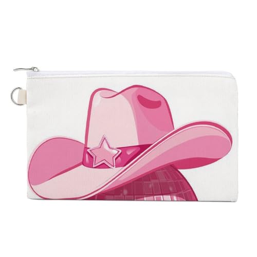 Canvas-Geldbörse, rosa Cowgirl-Hut auf Discokugel-Druck, Münzgeldbörse, Reißverschluss, kleine Kosmetiktasche von Jubonexis