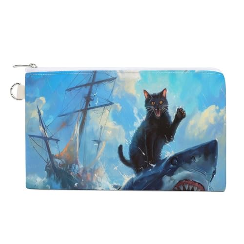 Canvas-Geldbörse, schwarze Katze auf Hai-Rückseite, Münzgeldbörse, Reißverschluss, kleine Kosmetiktasche von Jubonexis