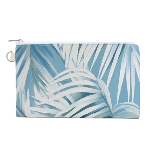 Canvas-Geldbörse, weiße Palmenblätter auf blauem Druck, Münzgeldbörse, Reißverschluss, kleine Kosmetiktasche von Jubonexis