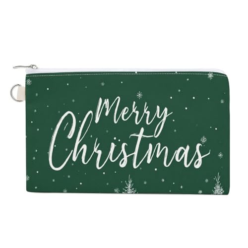 Canvas-Geldbörse, weiße Tannenbäume, Schneeflocken, Frohe Weihnachten, Münzgeldbörse, Reißverschluss, kleine Kosmetiktasche von Jubonexis