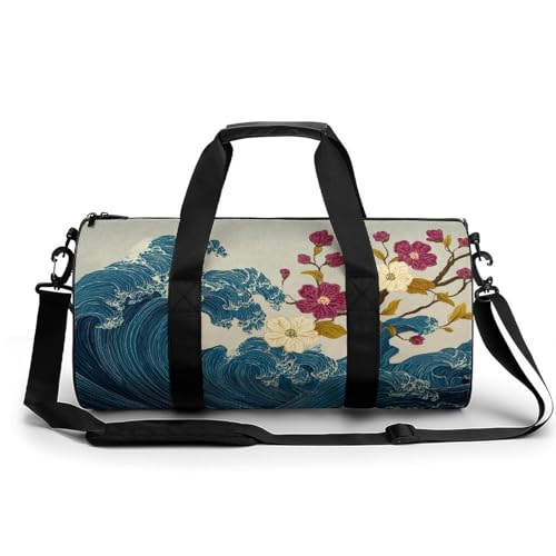 Cherry Tree Great Wave Reise-Turnbeutel für Damen und Herren, zylindrische Reisetasche, Sporttasche, Workout-Tasche mit Schultergurt von Jubonexis