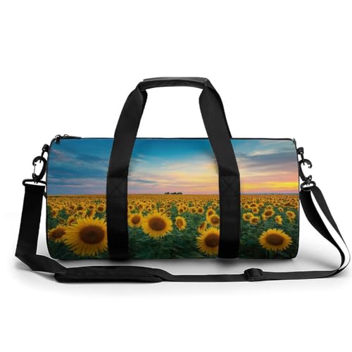 Field of Sunflowers Under Sunset Sky Reise-Turnbeutel für Damen und Herren, zylindrische Reisetasche, Sporttasche, Workout-Tasche mit Schultergurt Field of Sunflowers Under Sunset Sky Reise-Turnbeutel für Damen und Herren, zylindrische Reisetasche, Sporttasche, Workout-Tasche mit Schultergurt von Jubonexis