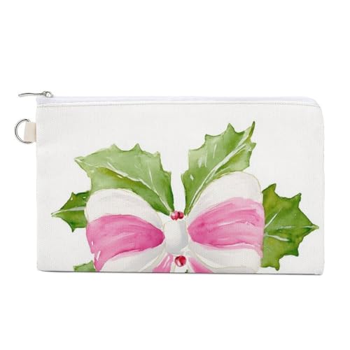 Geldbörse aus Segeltuch, Aquarell, Weihnachten, Rosa, Stechpalme, weiße Schleife, Münzgeldbörse, Reißverschluss, kleine Kosmetiktasche von Jubonexis