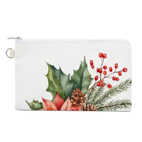 Geldbörse aus Segeltuch, Aquarell, Weihnachten, Tannenzweige, Stechpalmenblätter, Münzgeldbörse, Reißverschluss, kleine Kosmetiktasche von Jubonexis