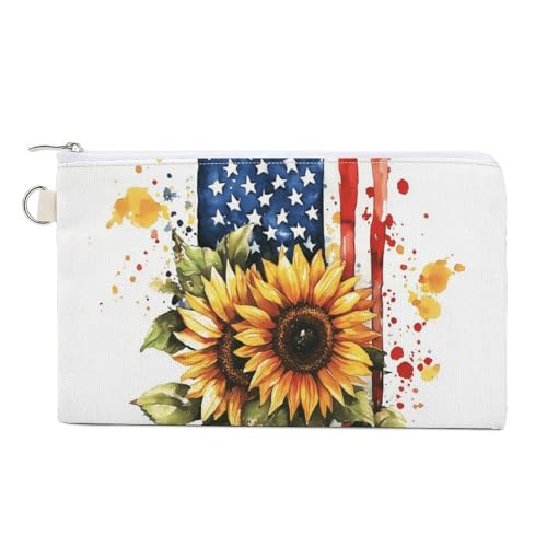 Geldbörse aus Segeltuch, Aquarell, amerikanische Flagge, Sonnenblumen-Druck, Münzgeldbörse, Reißverschluss, kleine Kosmetiktasche von Jubonexis
