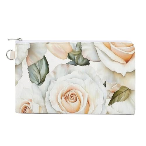 Geldbörse aus Segeltuch, Aquarell-weiße Rosen, Münzgeldbörse, Reißverschluss, kleine Kosmetiktasche von Jubonexis