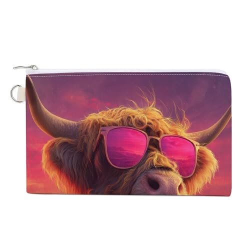 Geldbörse aus Segeltuch, Hochlandkuh mit rosa Sonnenbrillen-Druck, Münzgeldbörse, Geldbörse mit Reißverschluss, kleine Kosmetiktasche von Jubonexis