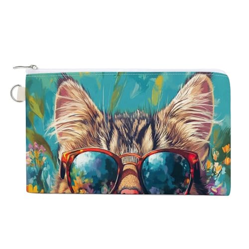 Geldbörse aus Segeltuch, Katze mit Sonnenbrille, Blumendruck, Münzgeldbörse, Reißverschluss, kleine Kosmetiktasche von Jubonexis