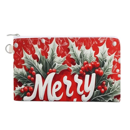 Geldbörse aus Segeltuch, Motiv: Frohe Weihnachten, Stechpalmenblätter und Beeren, Münzgeldbörse, Geldbörse mit Reißverschluss, kleine Kosmetiktasche von Jubonexis