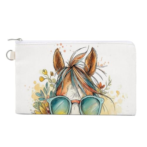 Geldbörse aus Segeltuch, Pferd mit Sonnenbrille, Münzgeldbörse, Reißverschluss, kleine Kosmetiktasche von Jubonexis