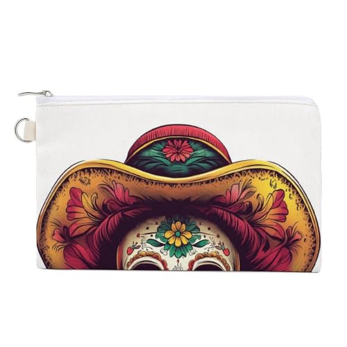 Geldbörse aus Segeltuch, Totenkopf mit mexikanischem Hut, Blumendruck, Münzgeldbörse, Reißverschluss, kleine Kosmetiktasche Geldbörse aus Segeltuch, Totenkopf mit mexikanischem Hut, Blumendruck, Münzgeldbörse, Reißverschluss, kleine Kosmetiktasche von Jubonexis