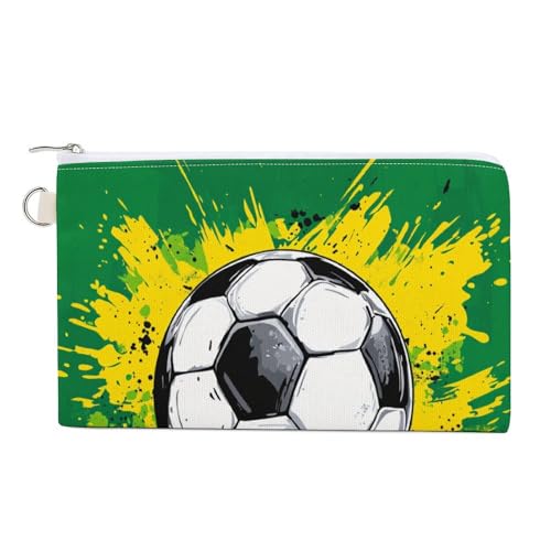 Geldbörse aus Segeltuch, Weiß / Schwarz, Fußball auf grünem Druck, Münzgeldbörse, Reißverschluss, kleine Kosmetiktasche von Jubonexis