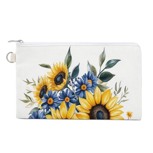 Geldbörse aus Segeltuch, gelbe Sonnenblumen und dunkelblaue Gänseblümchen, Münzgeldbörse mit Reißverschluss, kleine Kosmetiktasche von Jubonexis