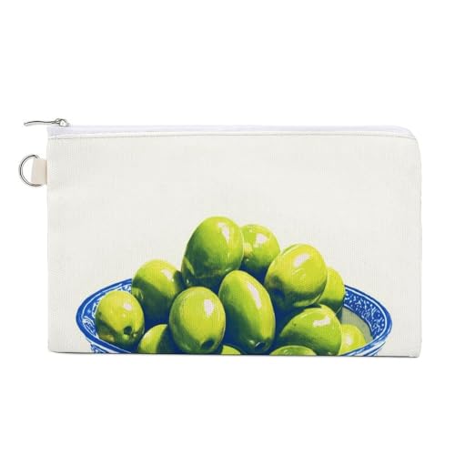 Geldbörse aus Segeltuch, grüne Oliven in einer blauen Schale, Münzgeldbörse, Geldbörse mit Reißverschluss, kleine Kosmetiktasche von Jubonexis
