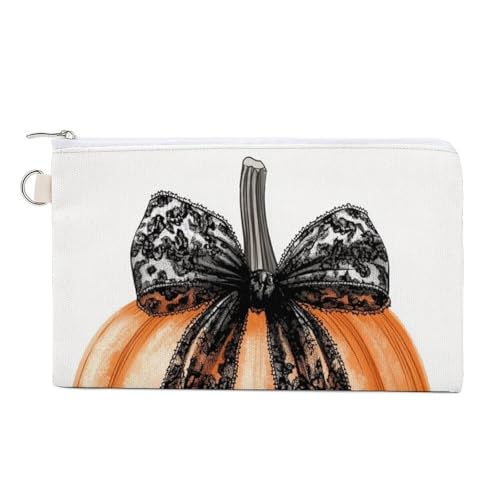 Geldbörse aus Segeltuch, orangefarbener Kürbis, schwarze Spitze, Kokette mit Schleife, Münzgeldbörse, Reißverschluss, kleine Kosmetiktasche Geldbörse aus Segeltuch, orangefarbener Kürbis, schwarze Spitze, Kokette mit Schleife, Münzgeldbörse, Reißverschluss, kleine Kosmetiktasche von Jubonexis