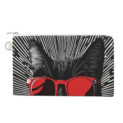 Geldbörse aus Segeltuch, schwarze Katze mit roter Sonnenbrille, Münzgeldbörse, Geldbörse mit Reißverschluss, kleine Kosmetiktasche von Jubonexis