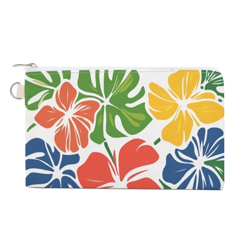Geldbörse aus Segeltuch, tropische Pflanzen, Blätter, bunte Blumen, Münzgeldbörse, Reißverschluss, kleine Kosmetiktasche von Jubonexis