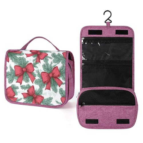 Große rote Schleifen auf grünen Tannenzweigen, Reise-Kulturbeutel für Damen, Make-up-Organizer zum Aufhängen mit Haken für Shampoo Große rote Schleifen auf grünen Tannenzweigen, Reise-Kulturbeutel für Damen, Make-up-Organizer zum Aufhängen mit Haken für Shampoo von Jubonexis