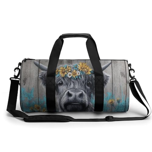 Highland Cow Daisies Fence Wooden Travel Gym Bag for Women Men Cylindrical Duffle Bag Sport Workout Bag with Shoulder Strap Highland Cow Daisies Fence Wooden Travel Gym Bag for Women Men Cylindrical Duffle Bag Sport Workout Bag with Shoulder Strap von Jubonexis