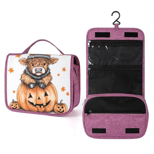 Highland Cow sitzend auf einem großen orangefarbenen Kürbis, Reise-Kulturbeutel für Damen, Make-up-Organizer zum Aufhängen mit Haken für Shampoo Highland Cow sitzend auf einem großen orangefarbenen Kürbis, Reise-Kulturbeutel für Damen, Make-up-Organizer zum Aufhängen mit Haken für Shampoo von Jubonexis