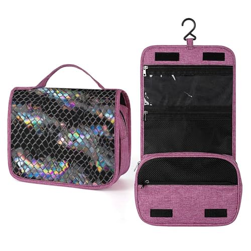 Holografischer Reise-Kulturbeutel für Damen, mit Schlangenhaut-Druck, zum Aufhängen, Make-up-Organizer mit Haken für Shampoo, Schwarz und Silber Holografischer Reise-Kulturbeutel für Damen, mit Schlangenhaut-Druck, zum Aufhängen, Make-up-Organizer mit Haken für Shampoo, Schwarz und Silber von Jubonexis