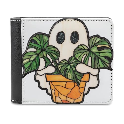 Jubonexis Adorable Ghost Carrying A Monstera Plant Soft PU Leather Bifold Wallet, Coin Purse Credit Pass Case, Durable Card Holder Slim Billfold for Men Woman Money Storage von Jubonexis
