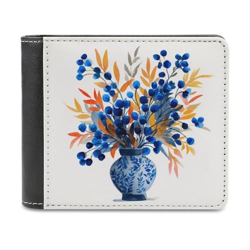 Jubonexis Antike Vase mit blauen Beeren, weiches PU-Leder, Bifold Wallet, Münzgeldbörse, Kreditkartenetui, robuster Kartenhalter, schlanke Geldscheinfach für Männer und Frauen von Jubonexis