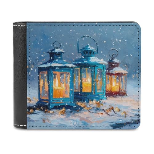Jubonexis Blaue Weihnachtslaternen und Kerzen, weiches PU-Leder, Bifold Wallet, Münzgeldbörse, Kreditkartenetui, robuster Kartenhalter, schlanke Geldscheinfach für Männer und Frauen von Jubonexis