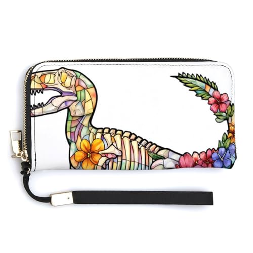 Jubonexis Buntglas-Dinosaurier-Skelett-PU-Leder-Clutch, lange Faltbörse, Münzgeldbörse, Kreditkartenetui, langlebiger Kartenhalter, Geldaufbewahrung für Damen und Herren von Jubonexis