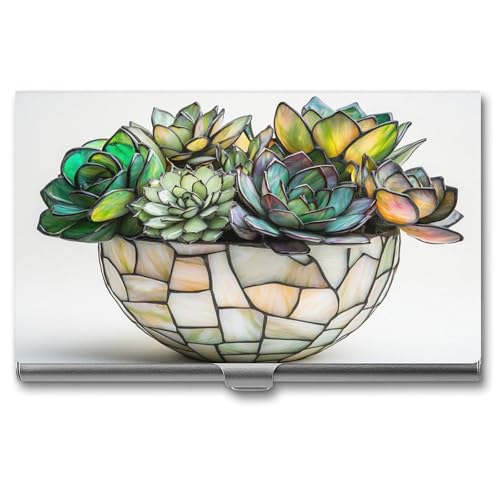 Jubonexis Buntglas-Sukkulenten im weißen Topf, Visitenkartenhalter, Tasche, schlankes Metall-Visitenkartenetui für Damen und Herren von Jubonexis