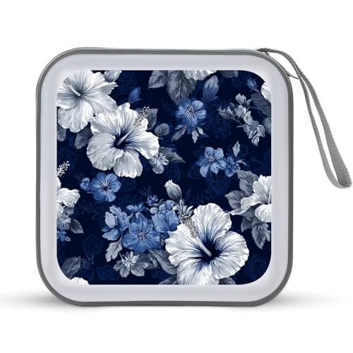 Jubonexis CD-Hülle, DVD-Aufbewahrung, Hibiskusblüten in Weiß / Blau, tragbar, für Auto, Zuhause, Reisen von Jubonexis