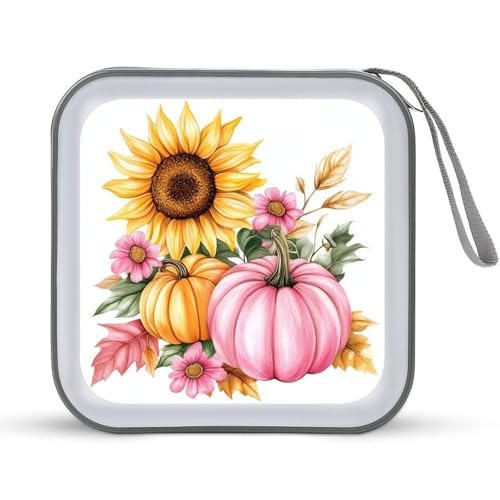 Jubonexis CD-Hülle, DVD-Aufbewahrung, tragbar, Sonnenblumen und rosa Kürbisse, für Auto, Zuhause, Reisen von Jubonexis